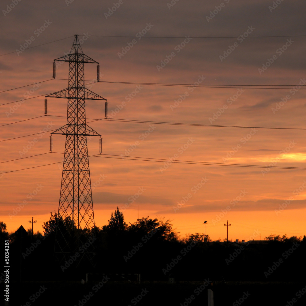 Industrial Morning: Backlighted high voltage pylon
