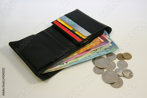 Leather wallet with swiss bank notes and coins