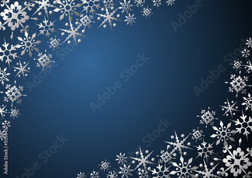 Silver snow crystals frame over blue background