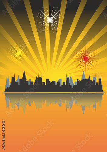 Megacity in beams of the coming sun, sunset