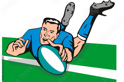 Rugby player scoring a try on turf