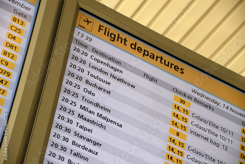 Departure board at airport photo