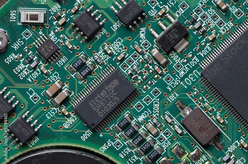 Circuit board with microchips. Close-up.
