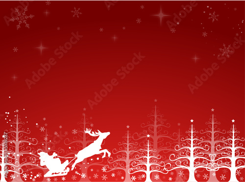 Père noël au dessus de la forêt - fond rouge