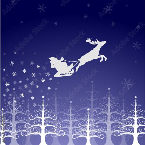 Père noël au dessus de la forêt - fond bleu