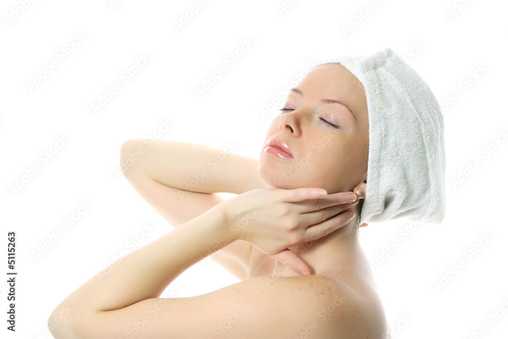 Beautiful girl with towel on her head dreaming Beautiful girl with towel on her head dreaming