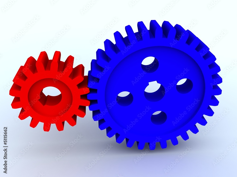 Small and big gear from plastic of blue and red color Small and big gear from plastic of blue and red color