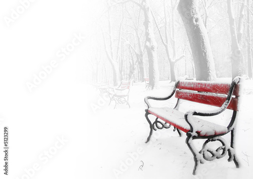 Red benches in the fog in winter #5123299