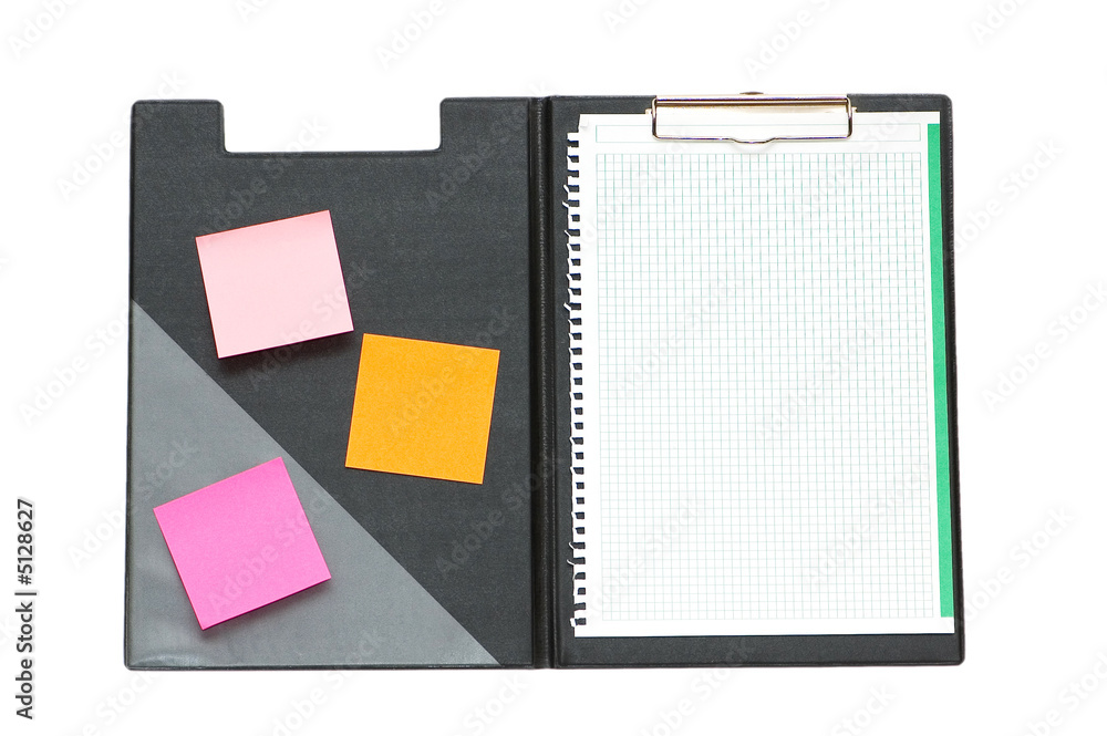 Open binder with post-it notes and blank page Open binder with post-it notes and blank page
