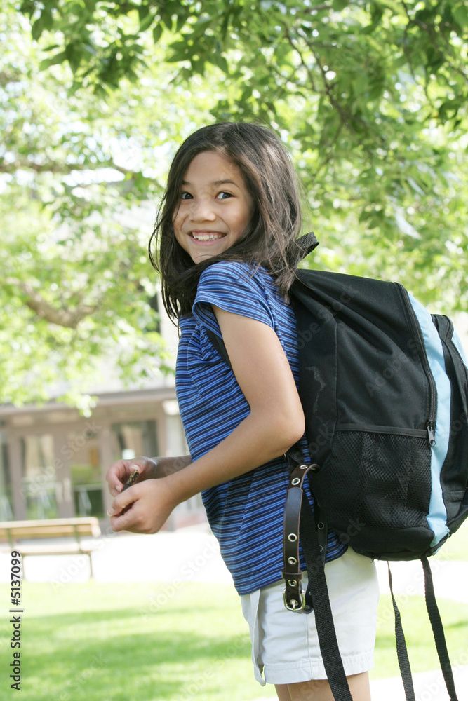 Eight year old girl with backpack excited about school Eight year old girl with backpack excited about school