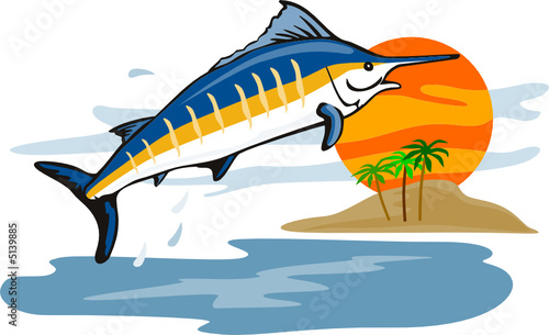 Blue marlin jumping in the sunset