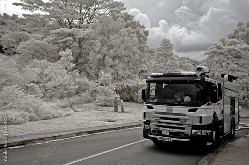 Infrared photo – fire drill, fireman and fire engine  © Wong Hock Weng