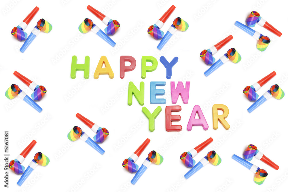 Happy New Year and Party Blowers Happy New Year and Party Blowers