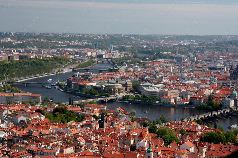 Prague old town, river Vltava and bridges view from above