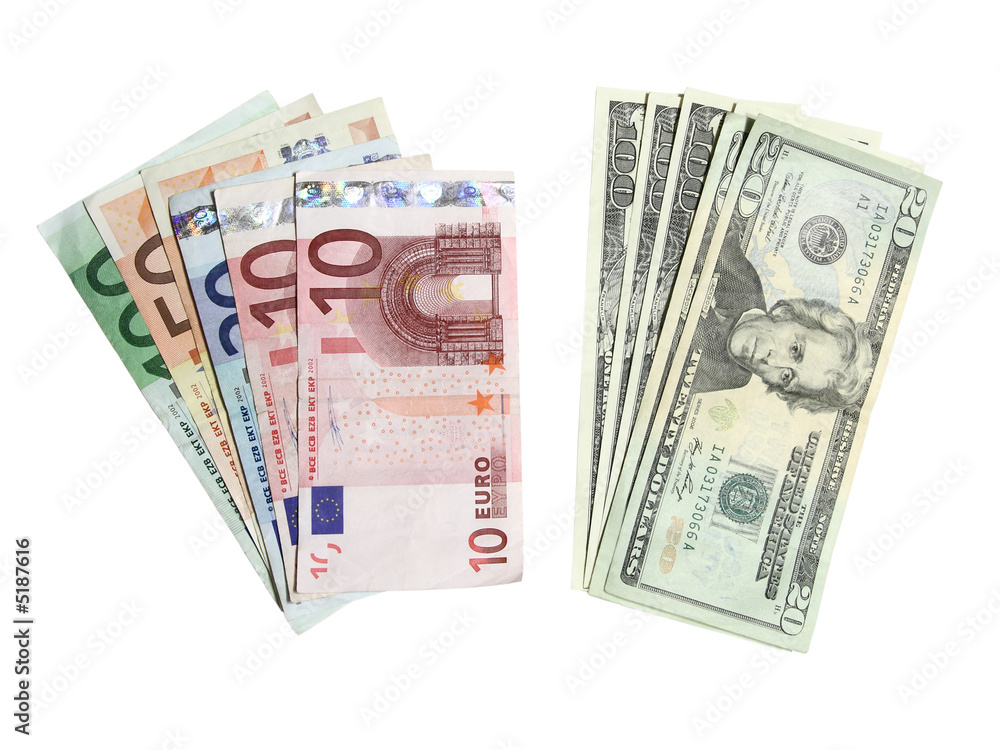 Euros and dollars isolated on white background Euros and dollars isolated on white background