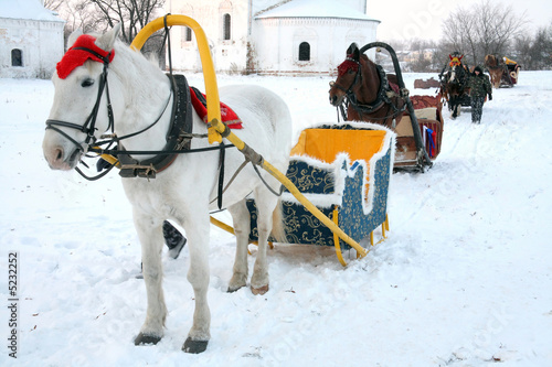Trip in the sleighs along the streets of city Suzdal