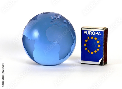 Europa unin flag on matchbox and glass globe