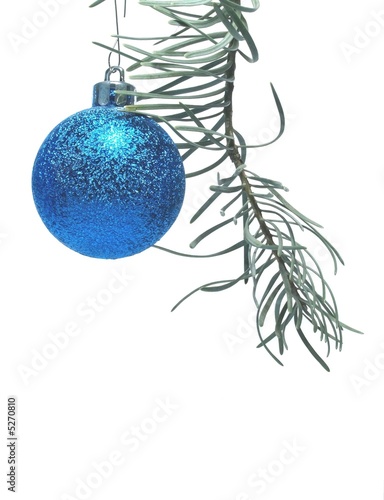 blue christmas bulb and pine branch isolated 