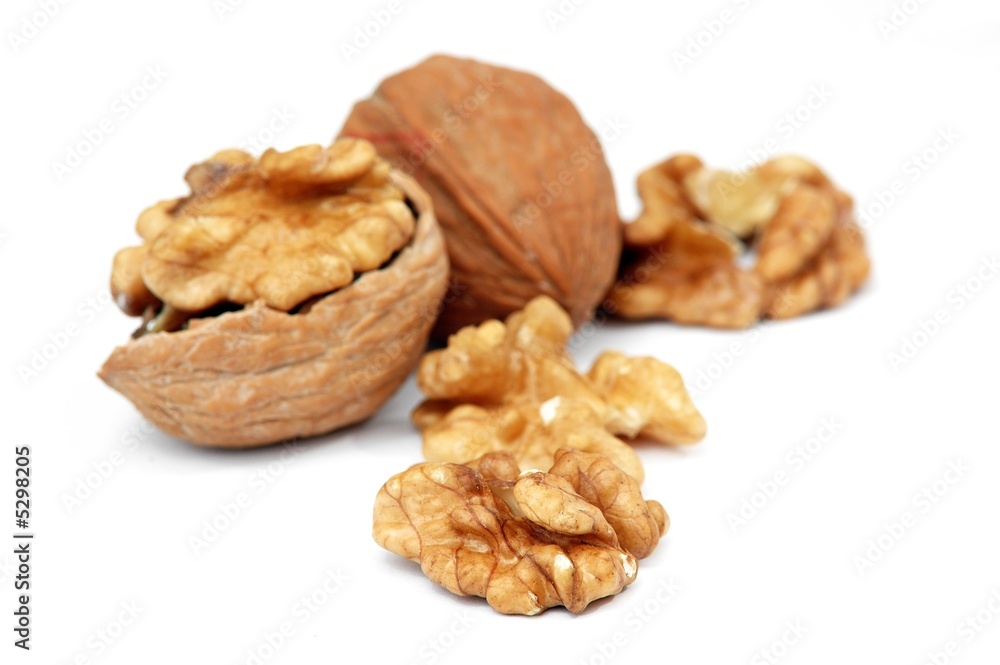 pieces of walnuts on white background pieces of walnuts on white background