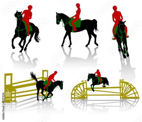 Silhouettes of equestrians on horses during competitions