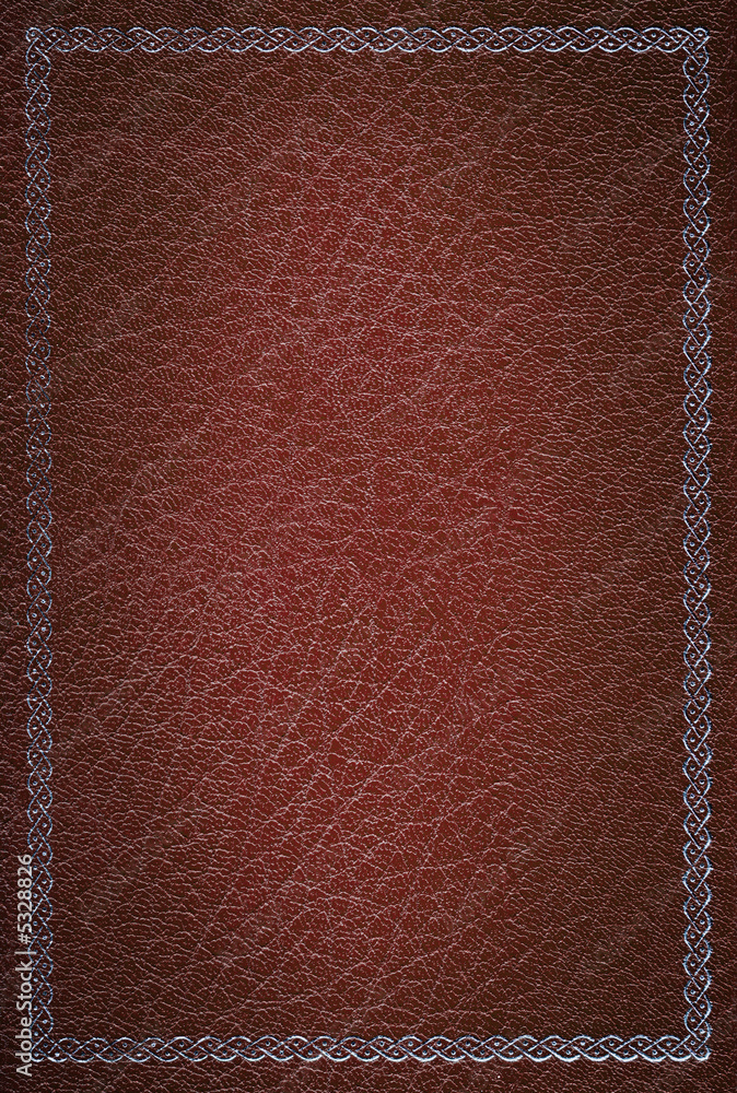 Fototapeta premium Old red leather texture with silver decorative frame