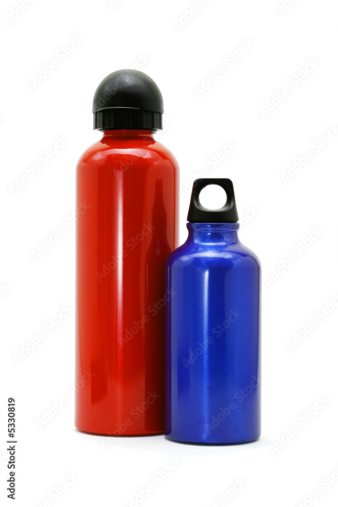 Red and blue metallic bottles on white Red and blue metallic bottles on white