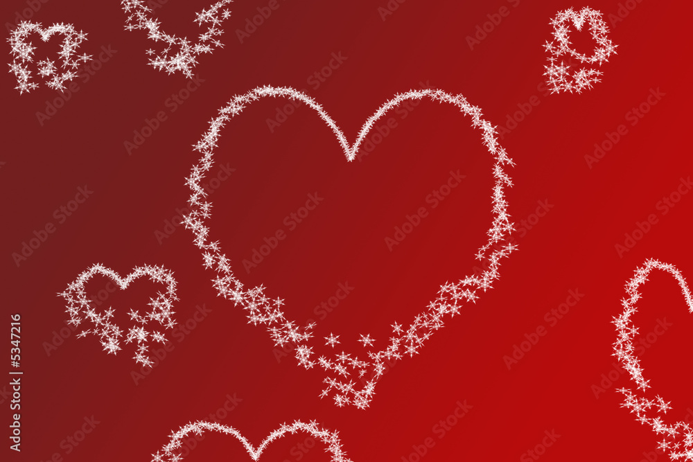 hearts from snowflakes on red gradient background