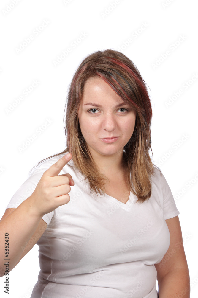 Fototapeta premium Woman pointing finger indicating big trouble