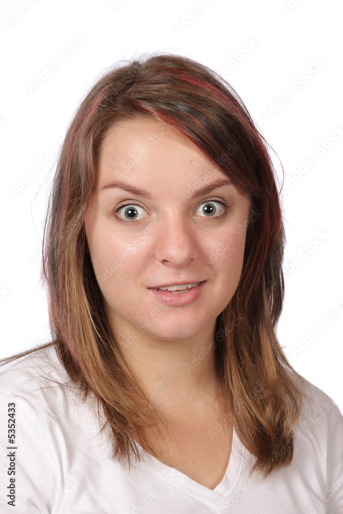 Big eyed brunette with funne expression on face Big eyed brunette with funne expression on face