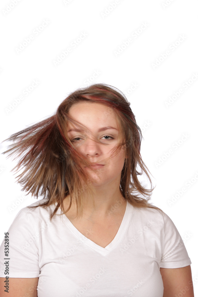 Brunette with streaks in hair shaking haed Brunette with streaks in hair shaking haed