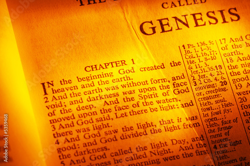 Canvas-taulu Holy Bible open to Genesis, Chapter 1.  Warm tones.