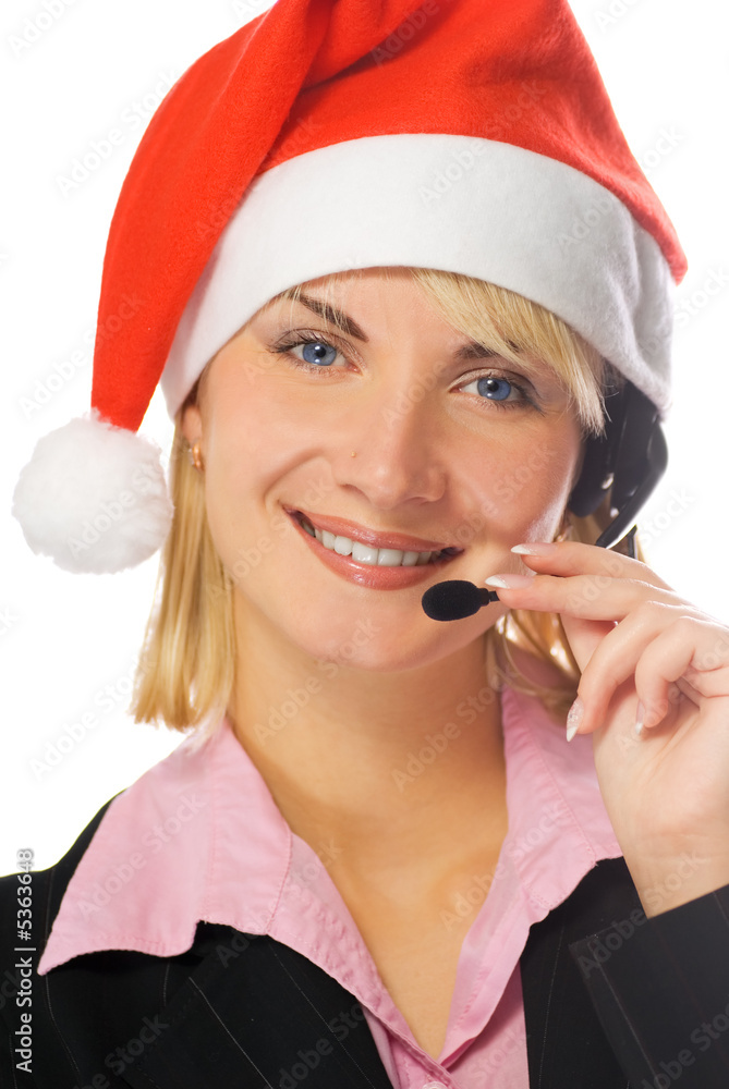 Beautiful phone operator in Santa hat Beautiful phone operator in Santa hat