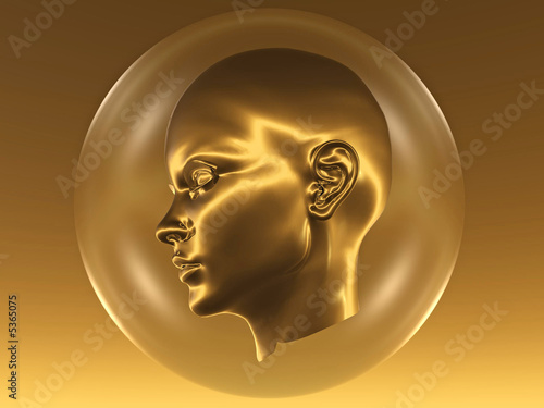 3D head in a transparent sphere - futuristic scene.