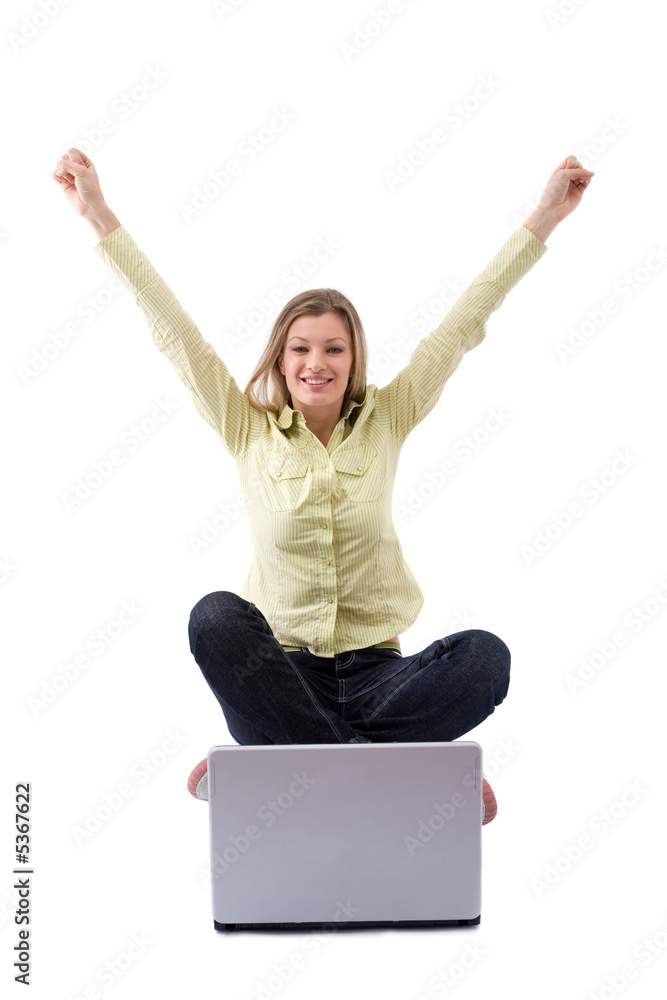 young and beautiful girl happy with her laptop on white young and beautiful girl happy with her laptop on white