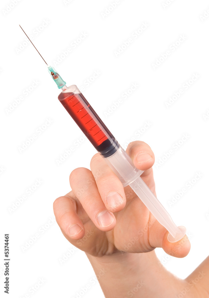 Hand and syringe with blood on a white background Hand and syringe with blood on a white background