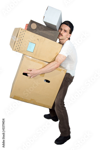 Tired man carring different size boxes photo