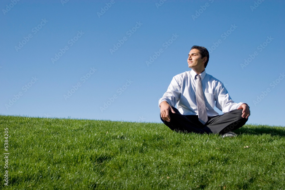 Businessman meditating on green grass Businessman meditating on green grass