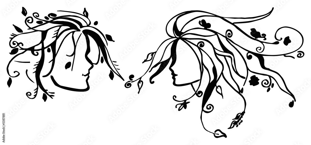 Vector couple faces with nature elements and floral swirls Vector couple faces with nature elements and floral swirls