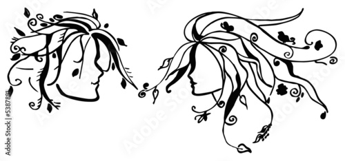 Vector couple faces with nature elements and floral swirls