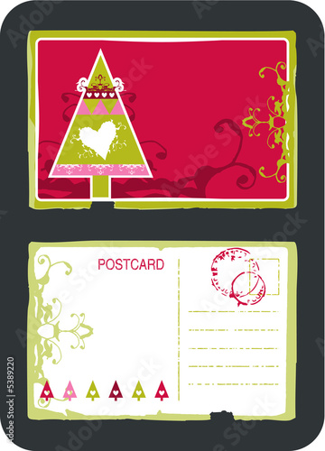 Vintage vector postcard design with Christmas tree, heart