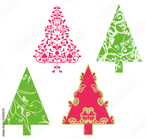 Christmas trees with swirls, scrolls and floral elements