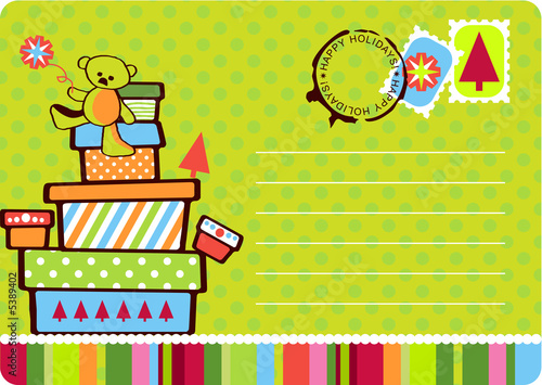 Christmas fun postcard with gift boxes stacked with teddy