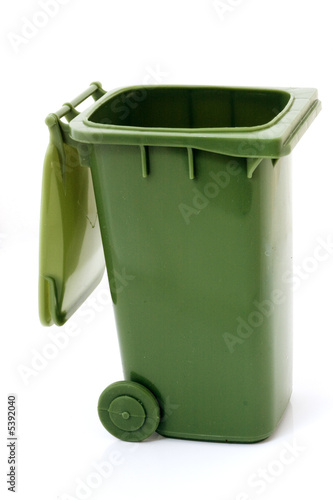 Green open recycle bin for garbage collection over white