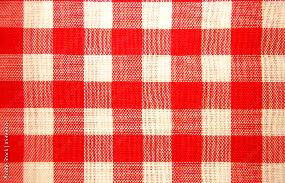 Deatil view of a red and white chequered traditional tablecloth