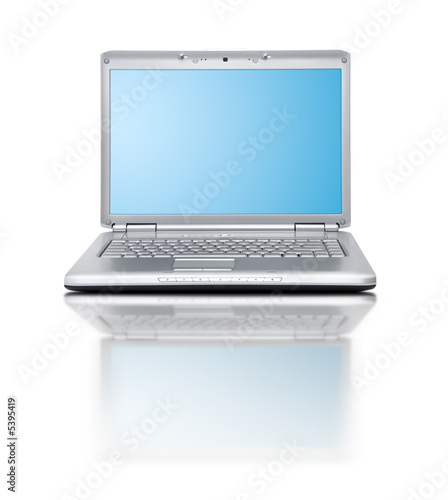 Modern laptop on white background with reflection.