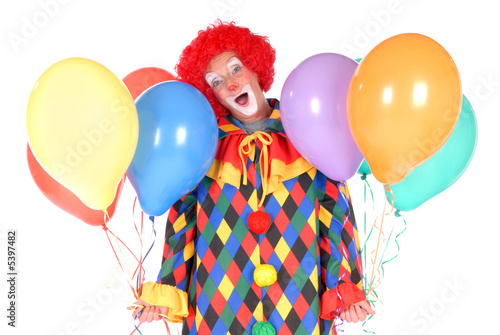 Colorful dressed female holiday clown with balloons, 