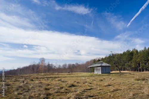 Landscape with shed and tree in a sunny december day