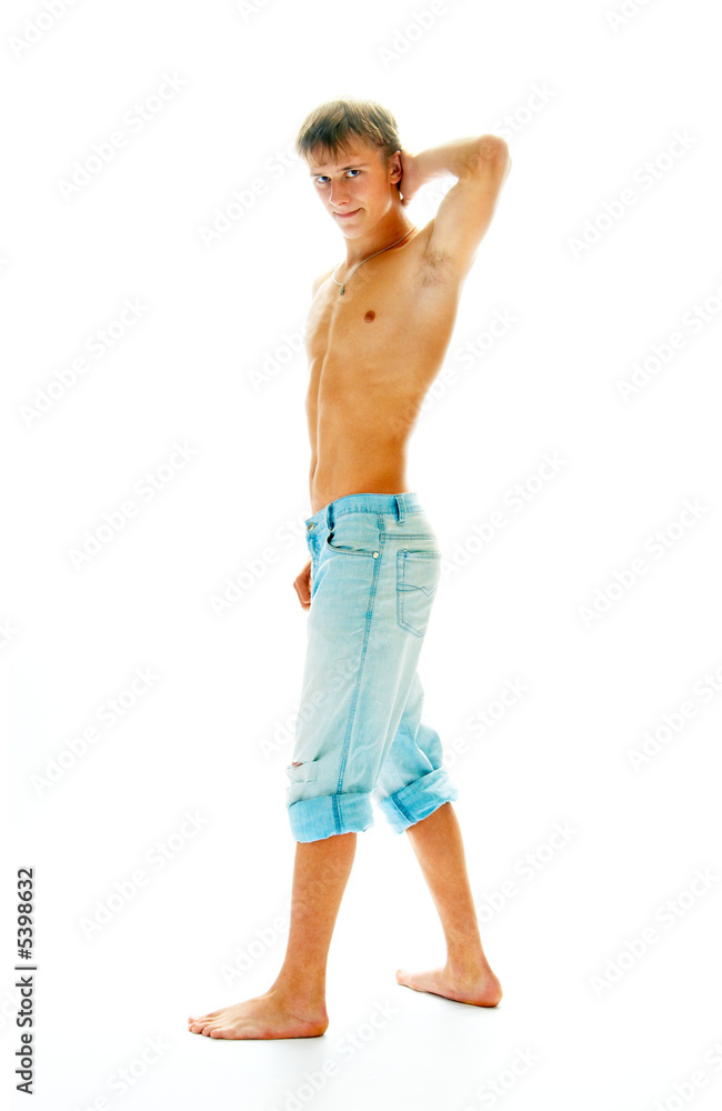 Fototapeta premium sexual man in jeans isolated on white background