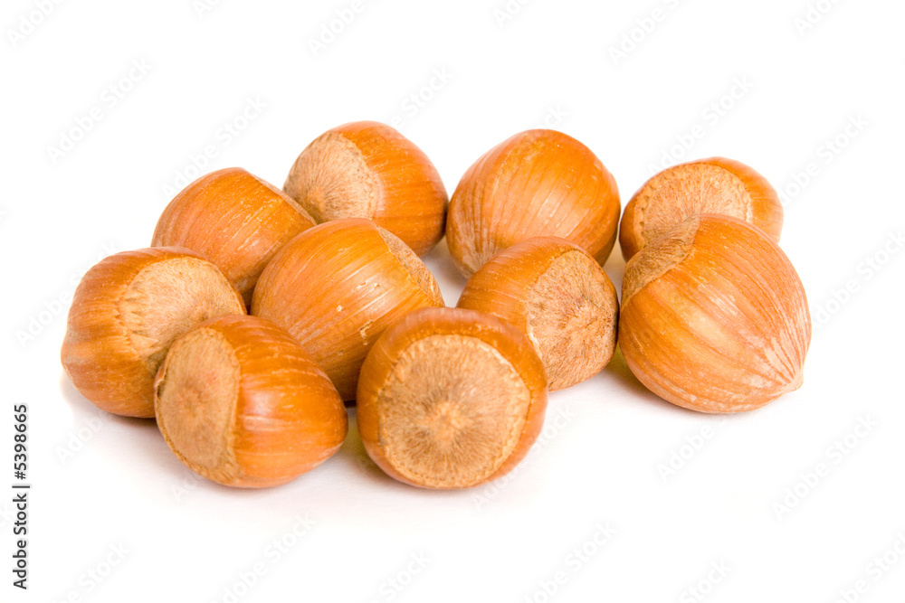 Ten hazelnuts on a white background Ten hazelnuts on a white background