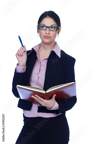 Pretty secretary held book, isolated on white background photo